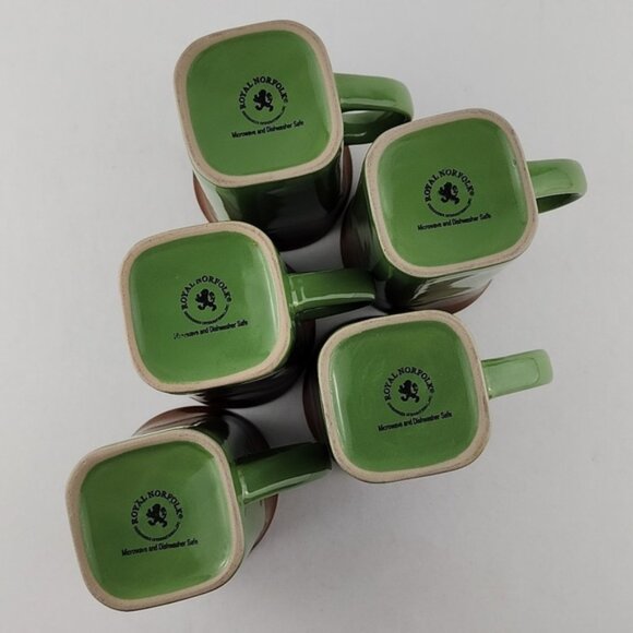 Royal Norfolk 5 Tall Mugs Quality Collectible Stoneware Green Brown - Picture 10 of 12